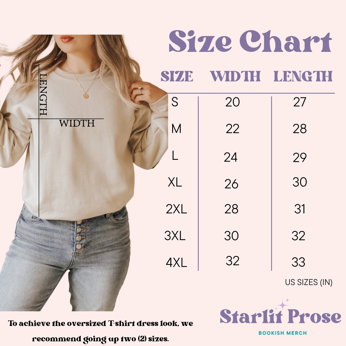 Starlit Prose sweatshirt size guide