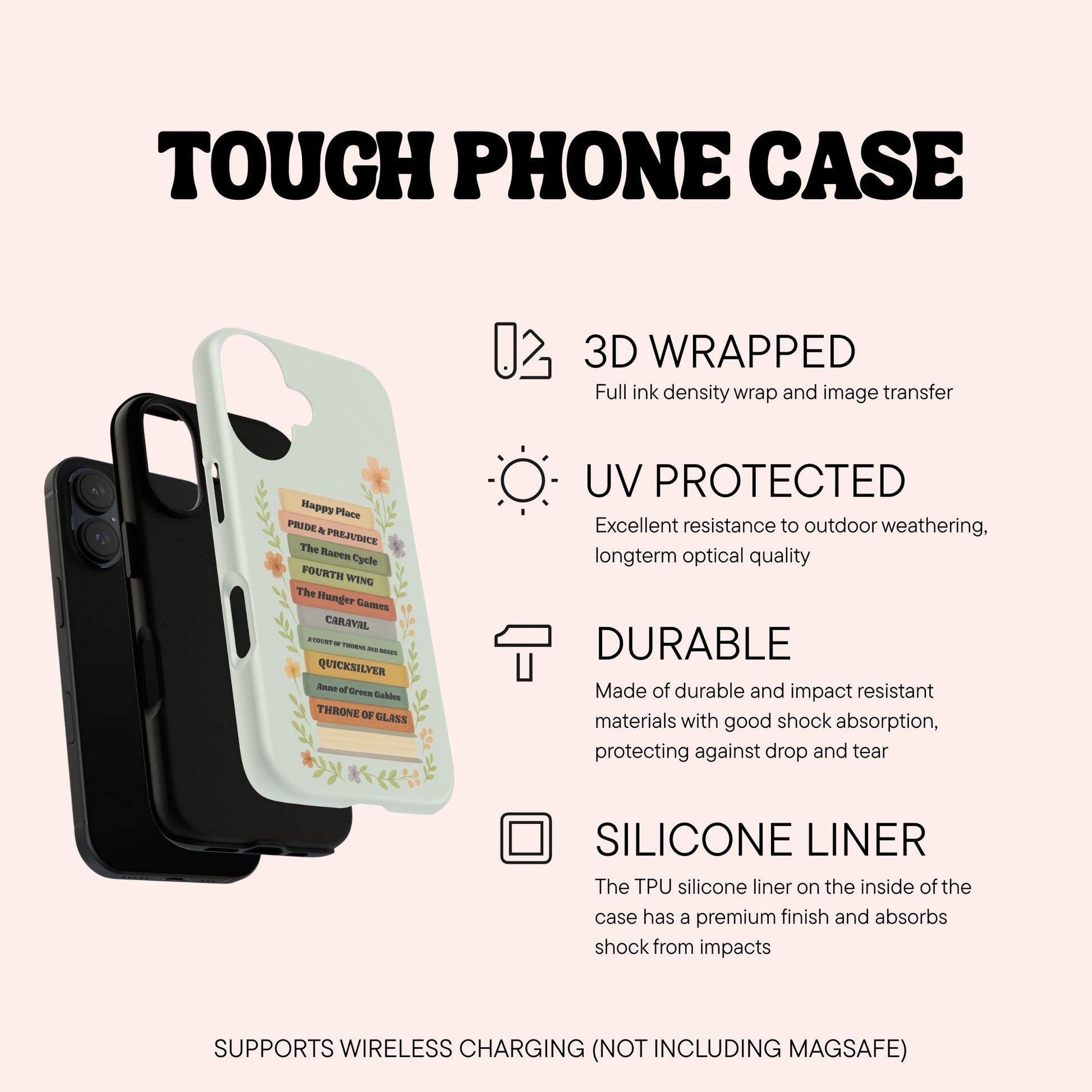 Personalised Bookshelf tough phone case case with features outlined here | Starlit Prose bookish merch