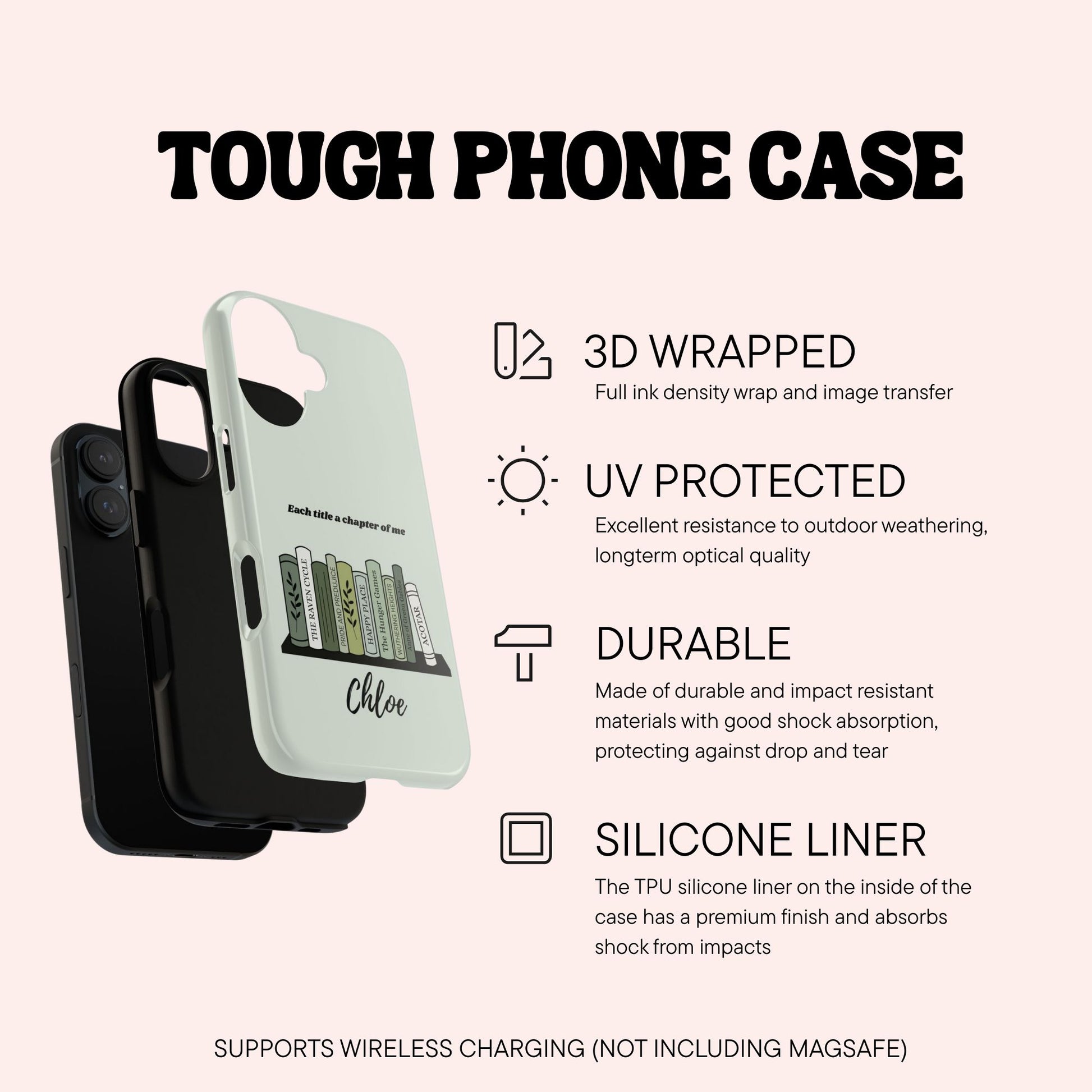Tough Phone Case info page for the green custom bookshelf phone case with her name and fave books | Starlit Prose bookish merch