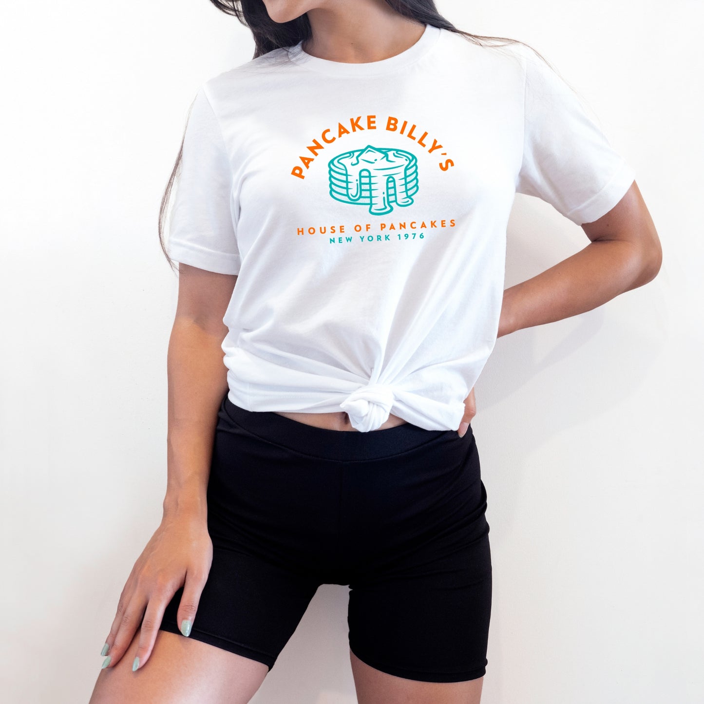 Pancake Billy's White Tshirt on a woman model