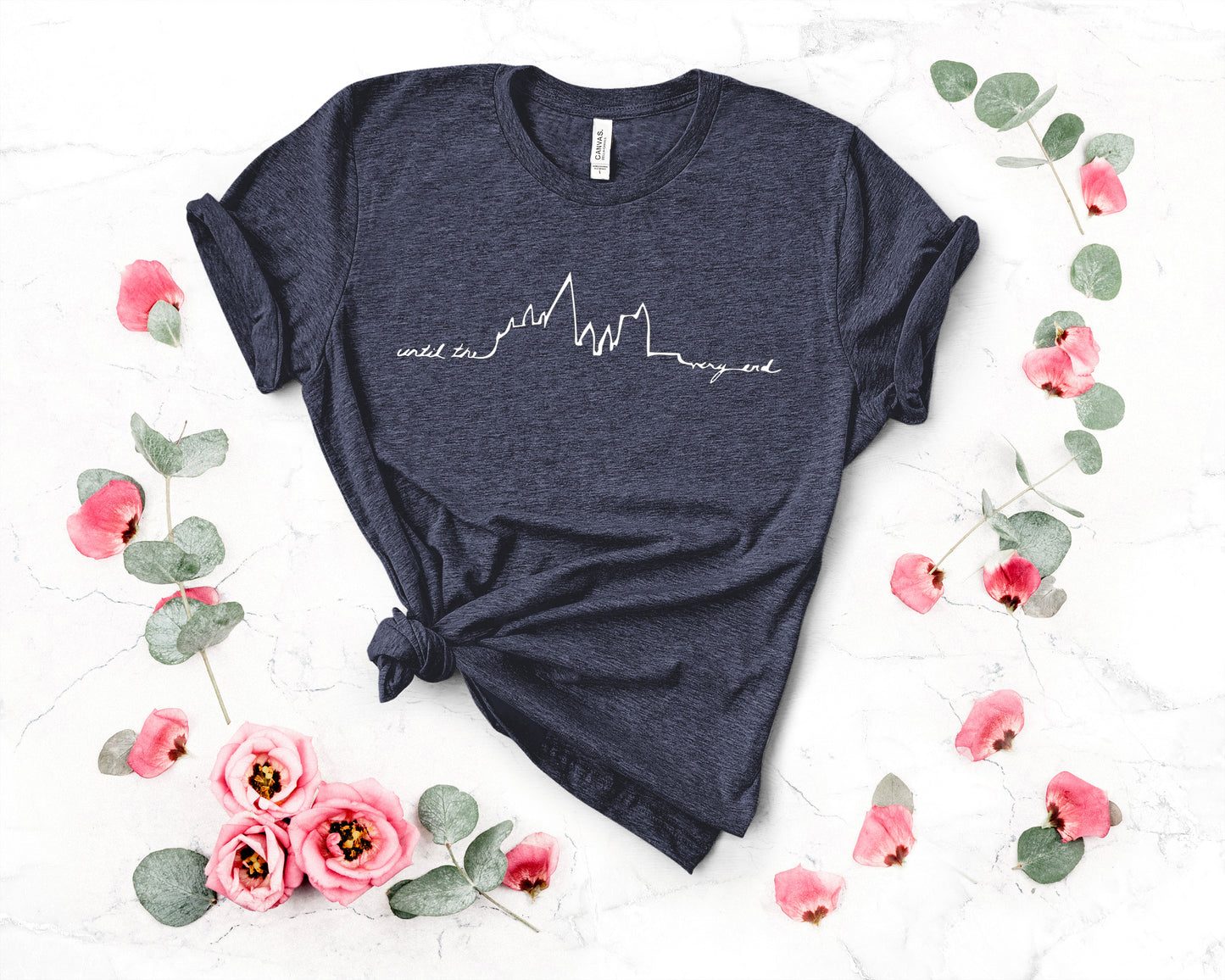 HP Until the very end castle line art on a Heather Navy Shirt