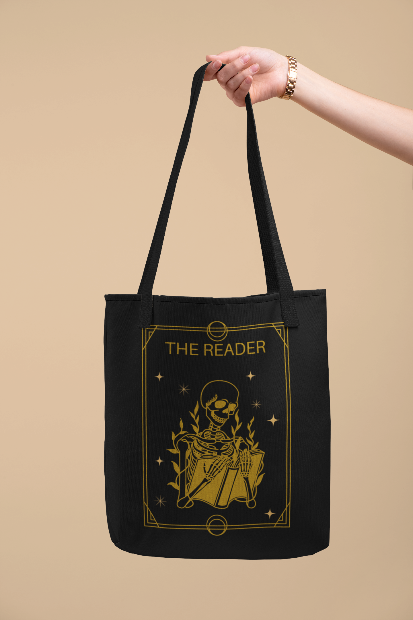 Arm holding out The Reader Tarot Card Bookish Tote Bag