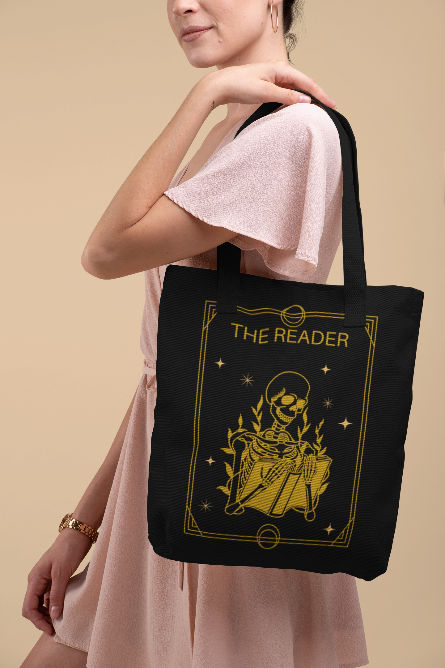 Woman in pink dress wearing The Reader Tarot Card Bookish Tote Bag