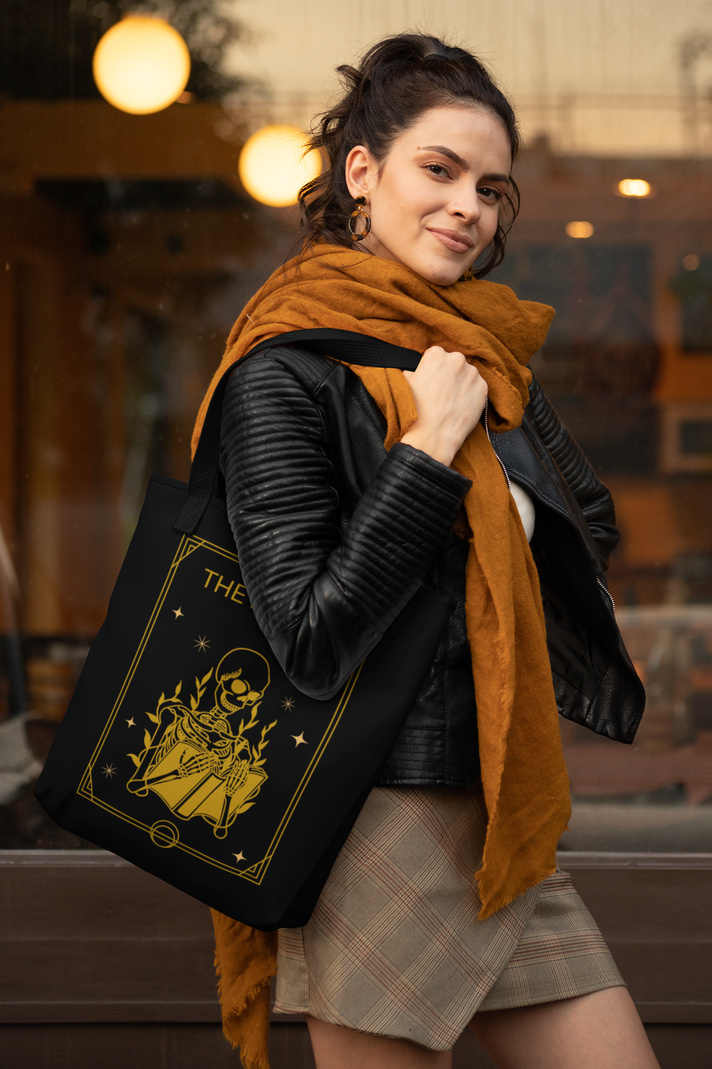 Woman in scarf wearing The Reader Tarot Card Bookish Tote Bag