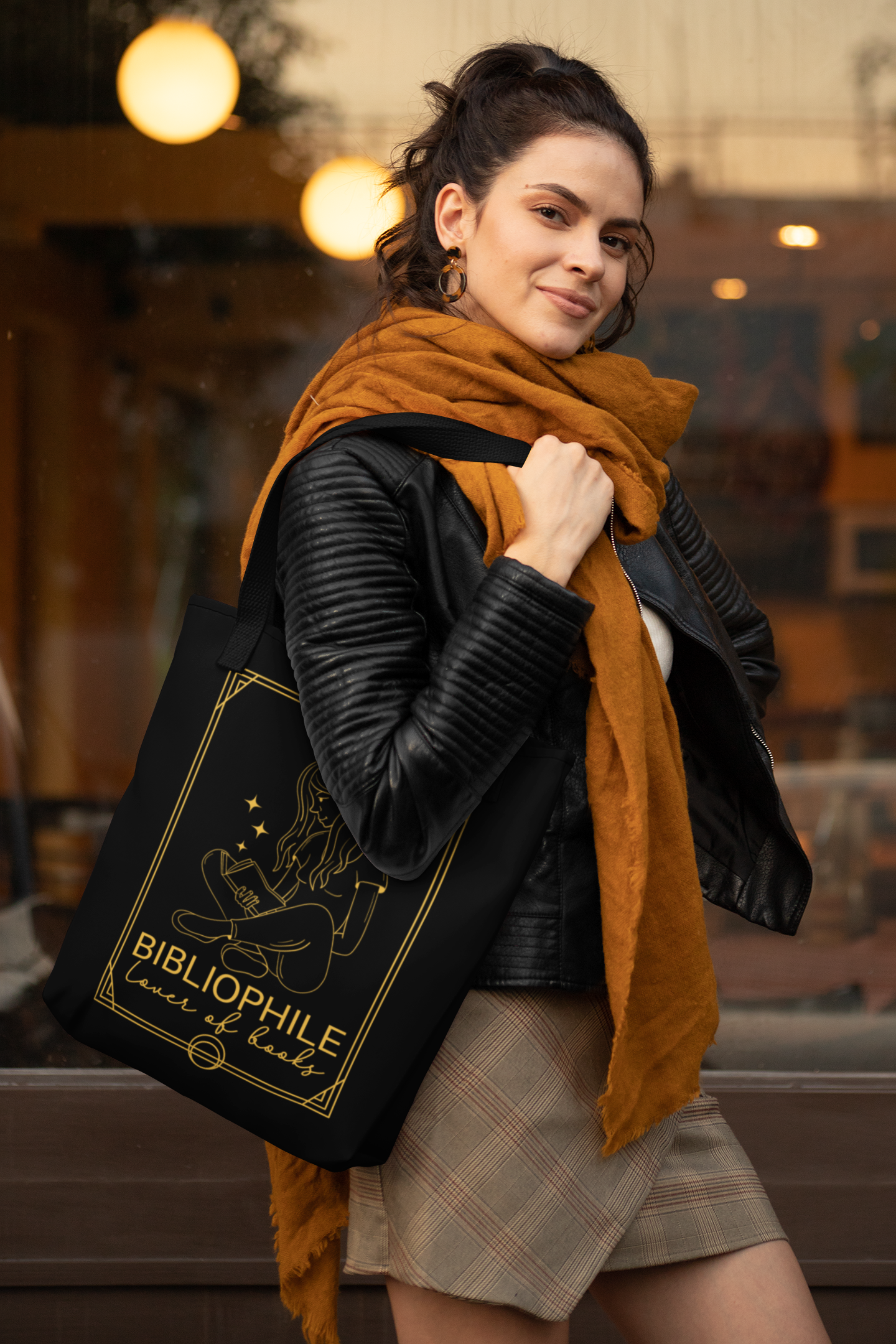 Woman in scarf wearing the Bibliophile Tarot Card Bookish Tote Bag