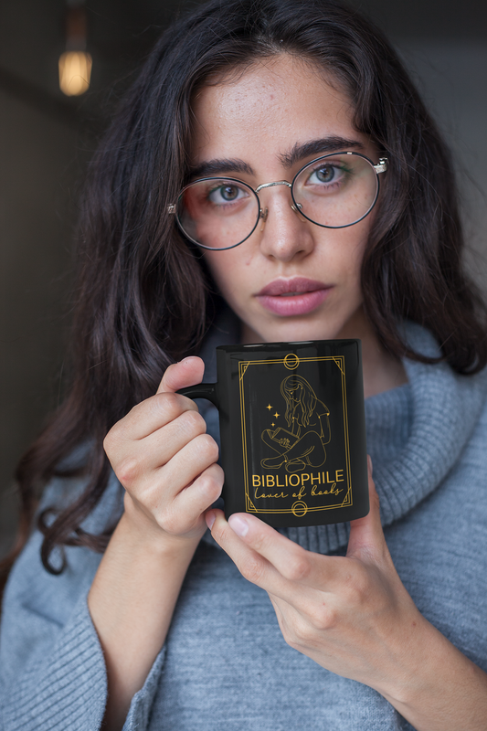 Bibliophile Tarot Card Bookish Black Mug Mockup of a Woman holding a mug| Booklover Gift