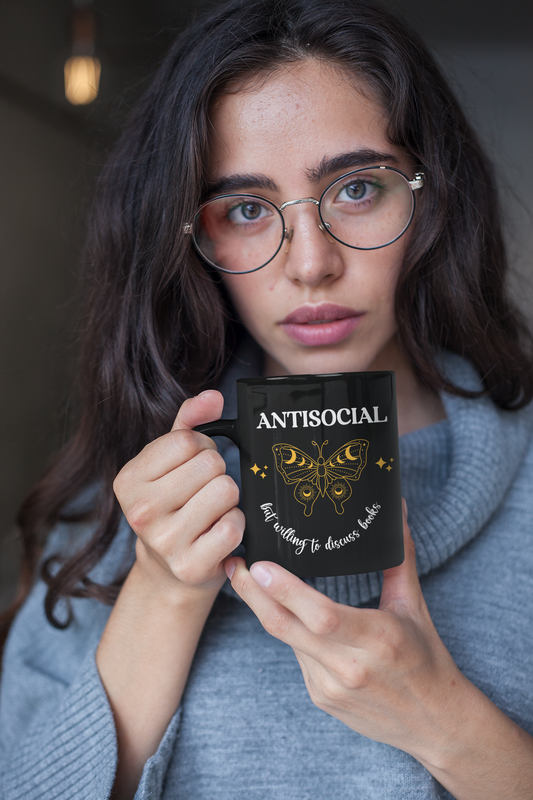 Mockup of Woman holding Antisocial Book Club Black Mug