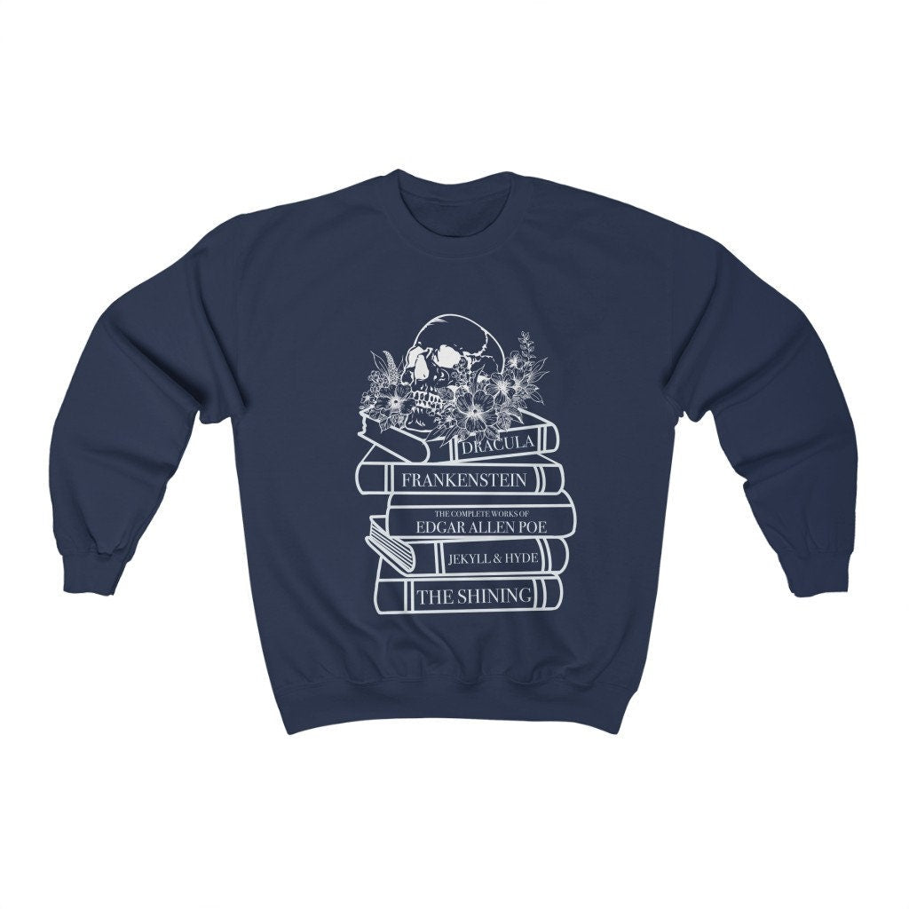 Horror novels book stack navy sweatshirt Ink and STories