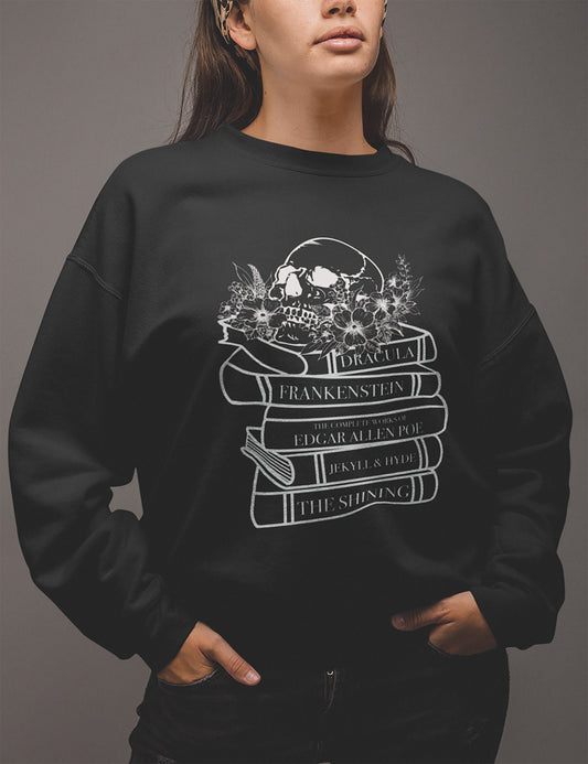 Horror novels book stack Black sweatshirt Ink and STories
