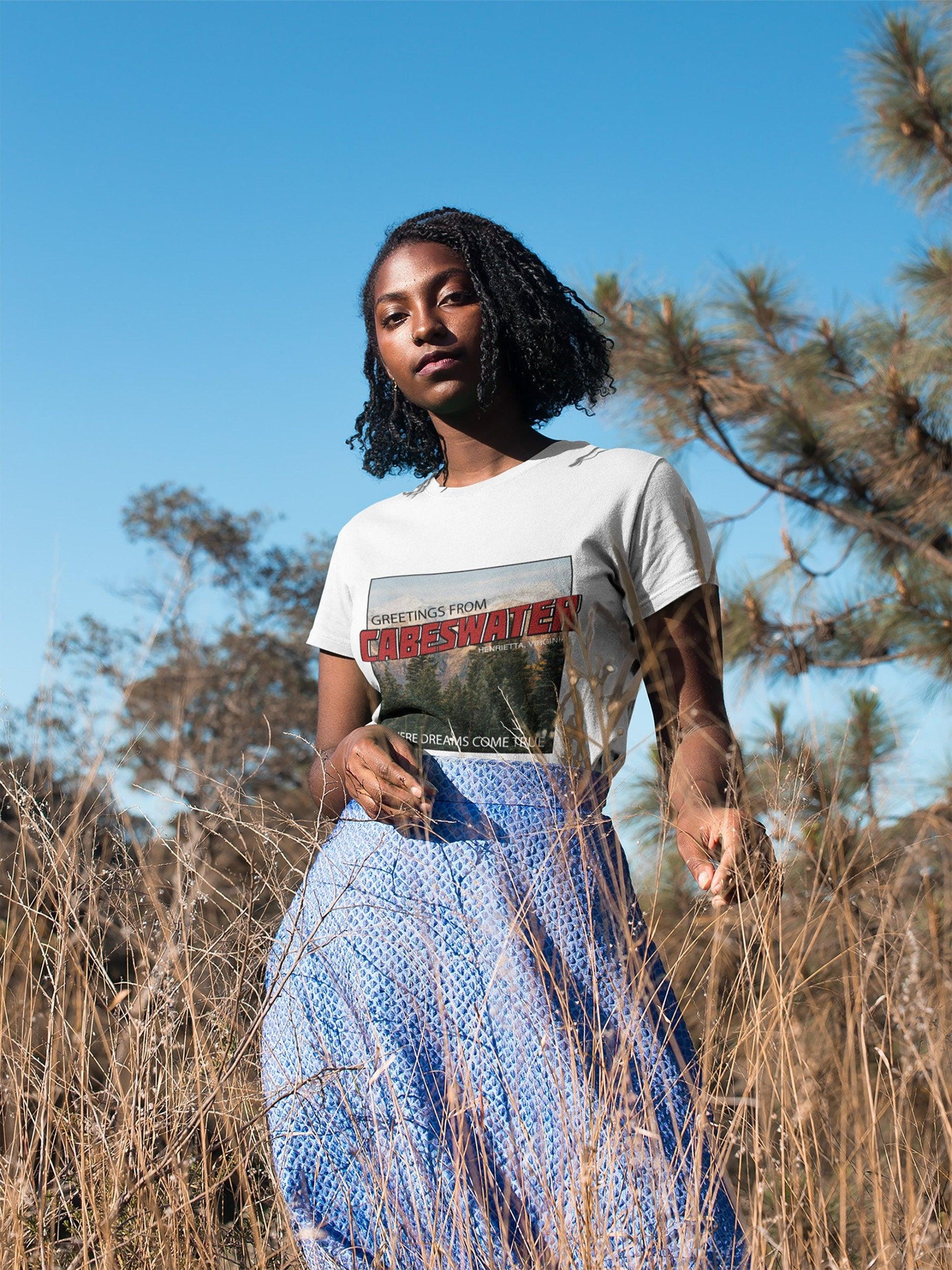 Cabeswater T-Shirt Raven Cycle White Ink and Stories Mockup outdoors 2