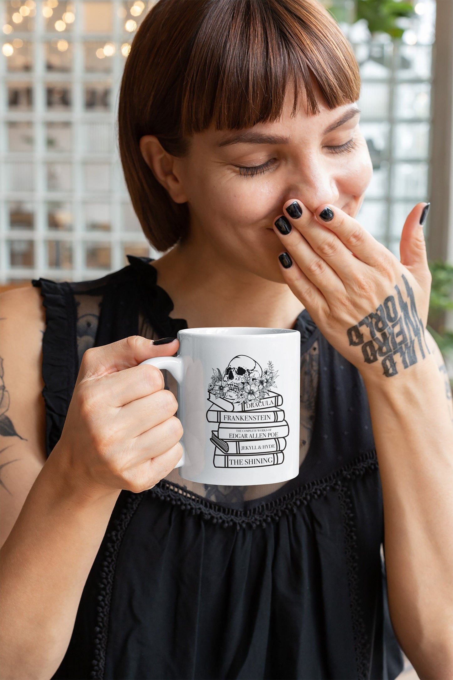Horror book stack Mug Ink and Stories Mockup