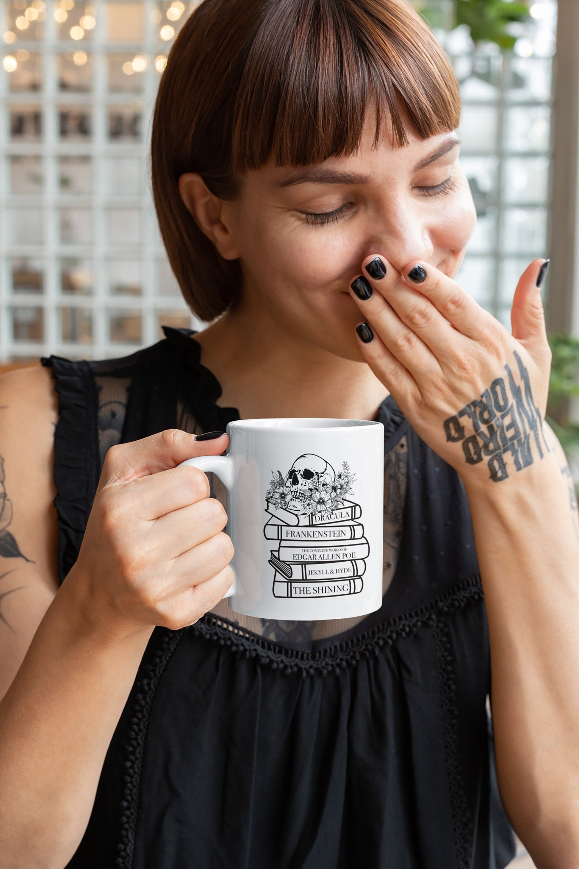 Horror book stack Mug Ink and Stories Mockup