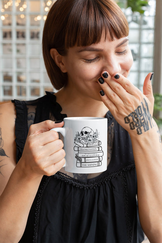 Horror book stack Mug Ink and Stories Mockup