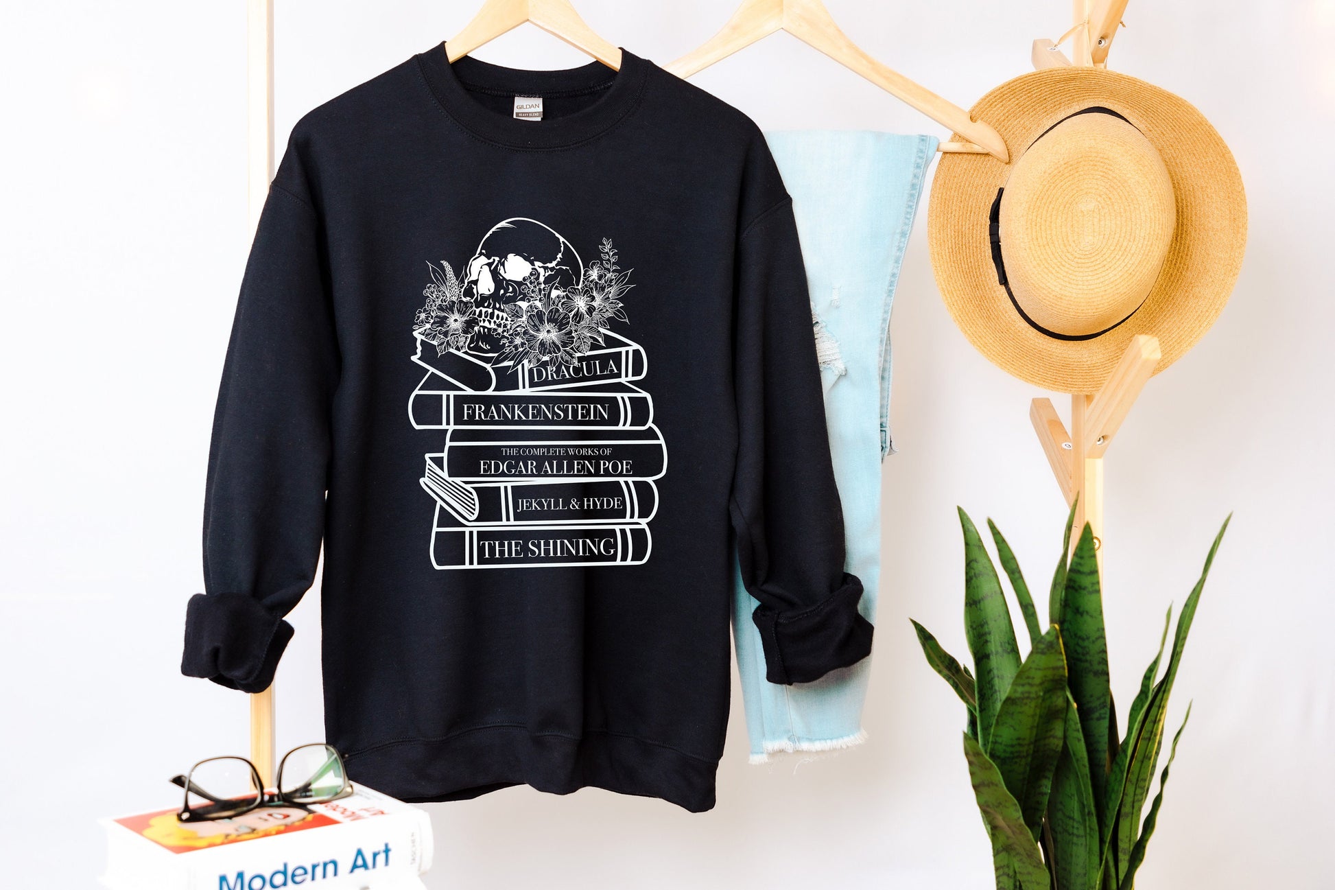 Horror novels book stack Black sweatshirt mockup Ink and STories