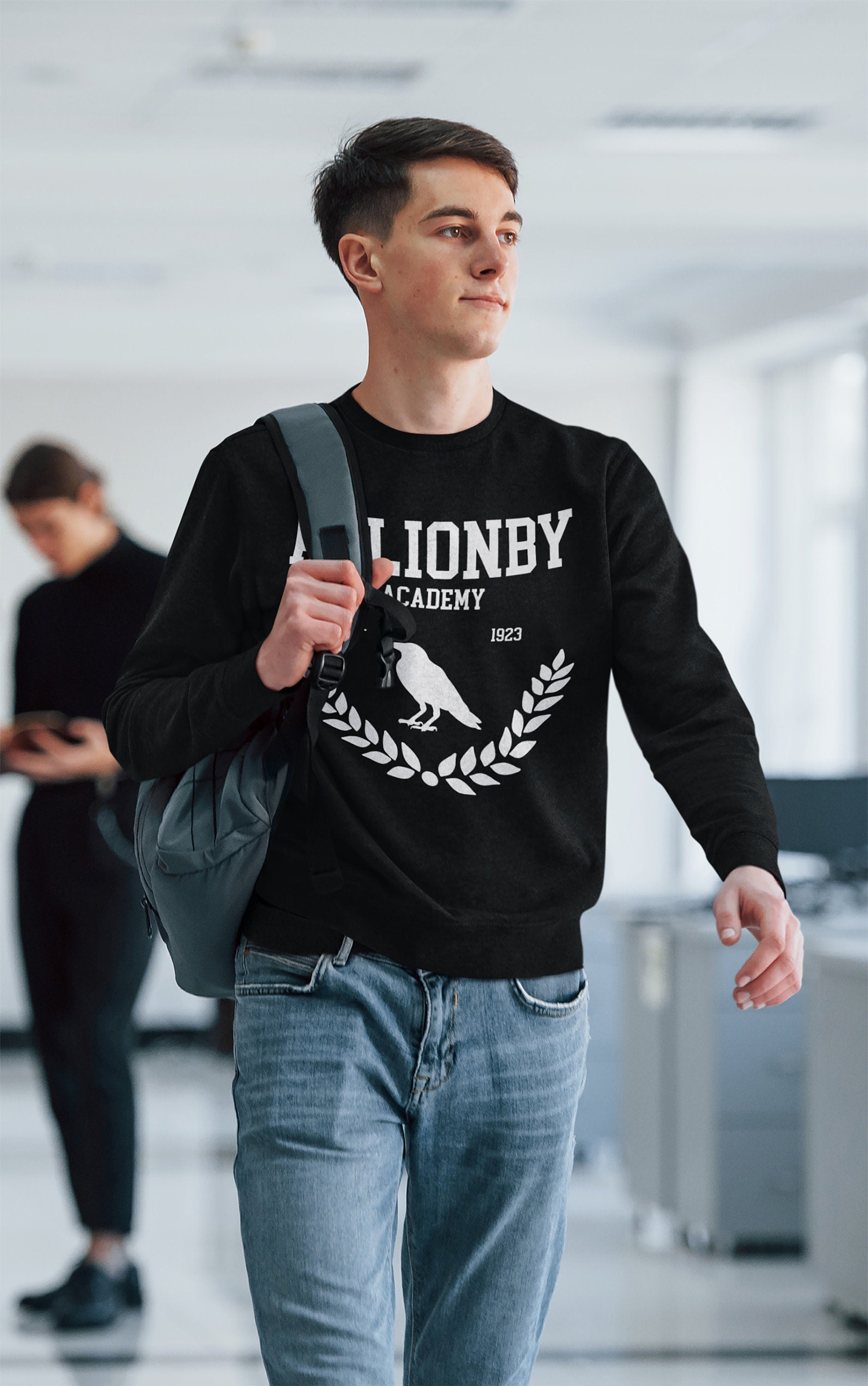 Raven Cycle Aglionby Academy Sweatshirt Black Mockup Man