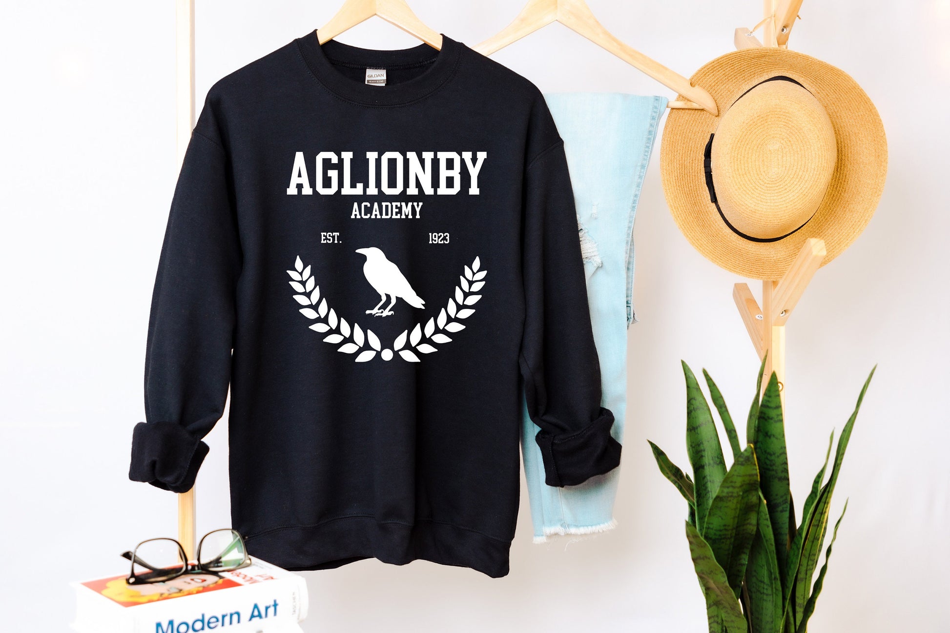 Raven Cycle Aglionby Academy Sweatshirt Black Mockup Hanging