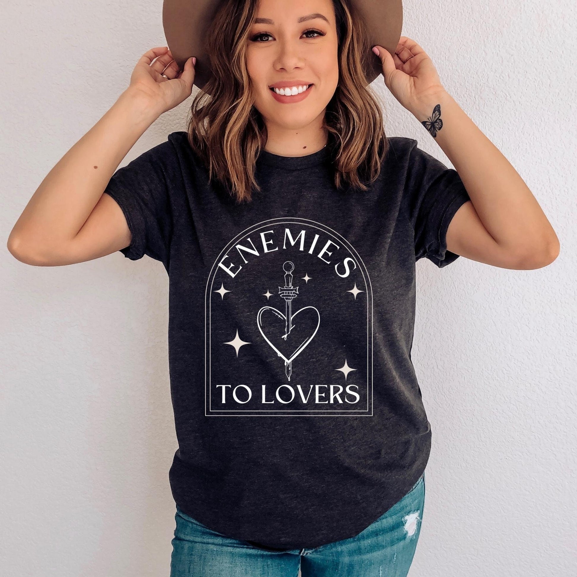 Enemies to Lovers Dark Grey Heather Shirt Ink and Stories