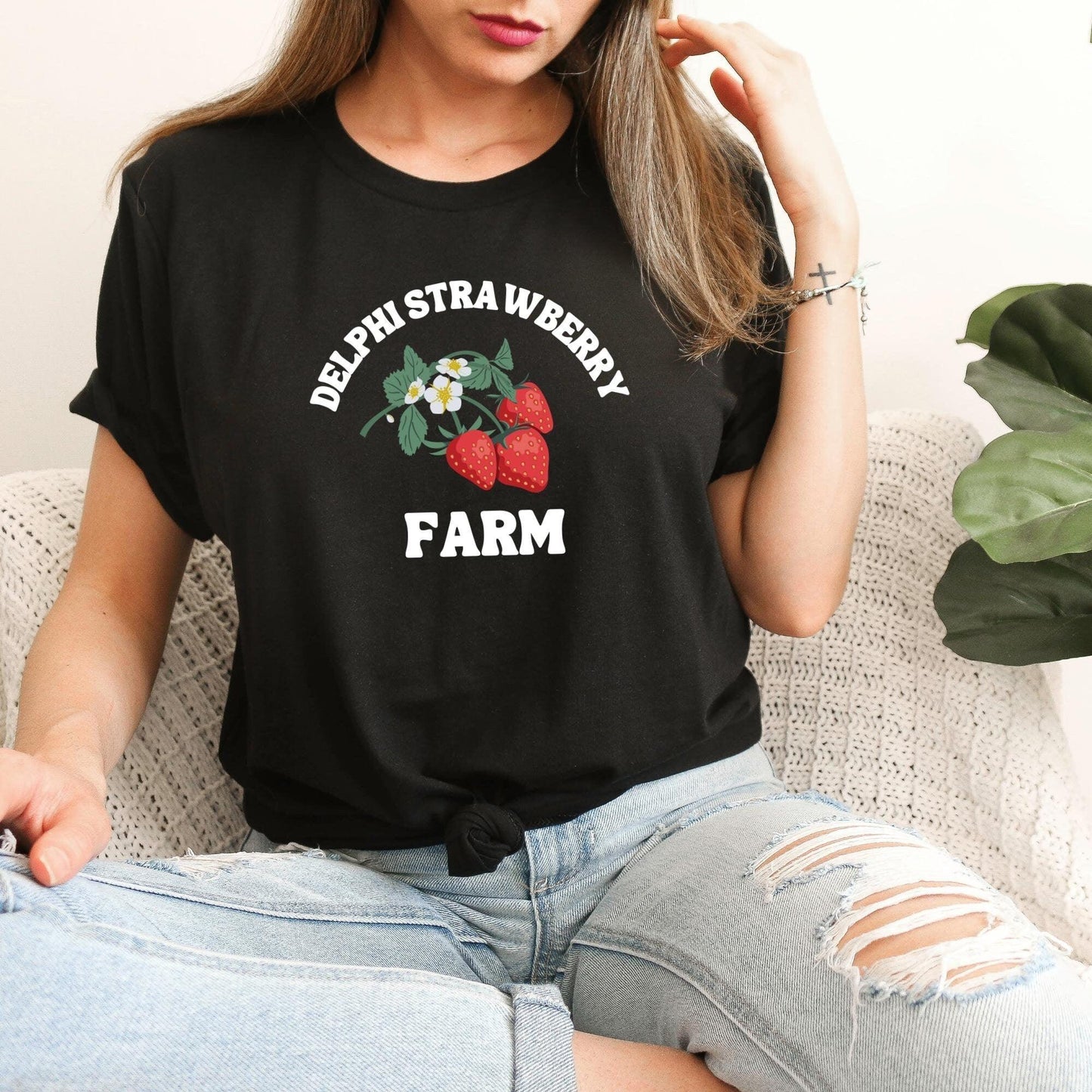 Delphi Strawberry Farm Ink and Stories BLack Shirt