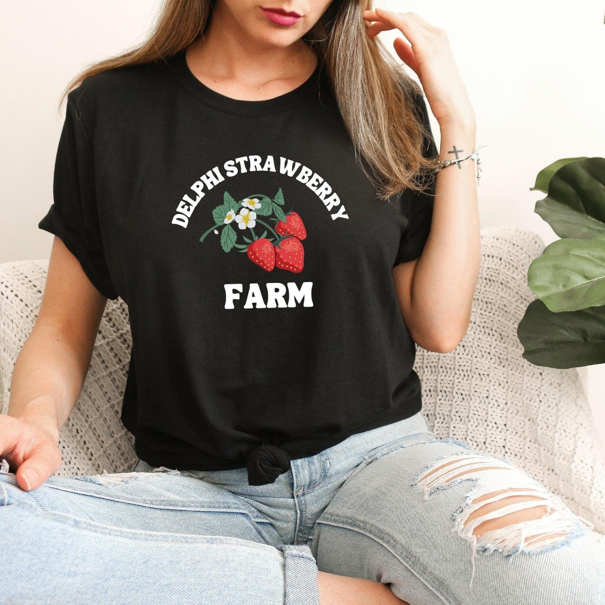 Delphi Strawberry Farm Ink and Stories BLack Shirt