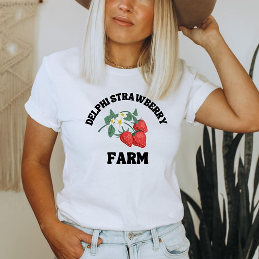 Delphi Strawberry Farm Ink and Stories White Shirt