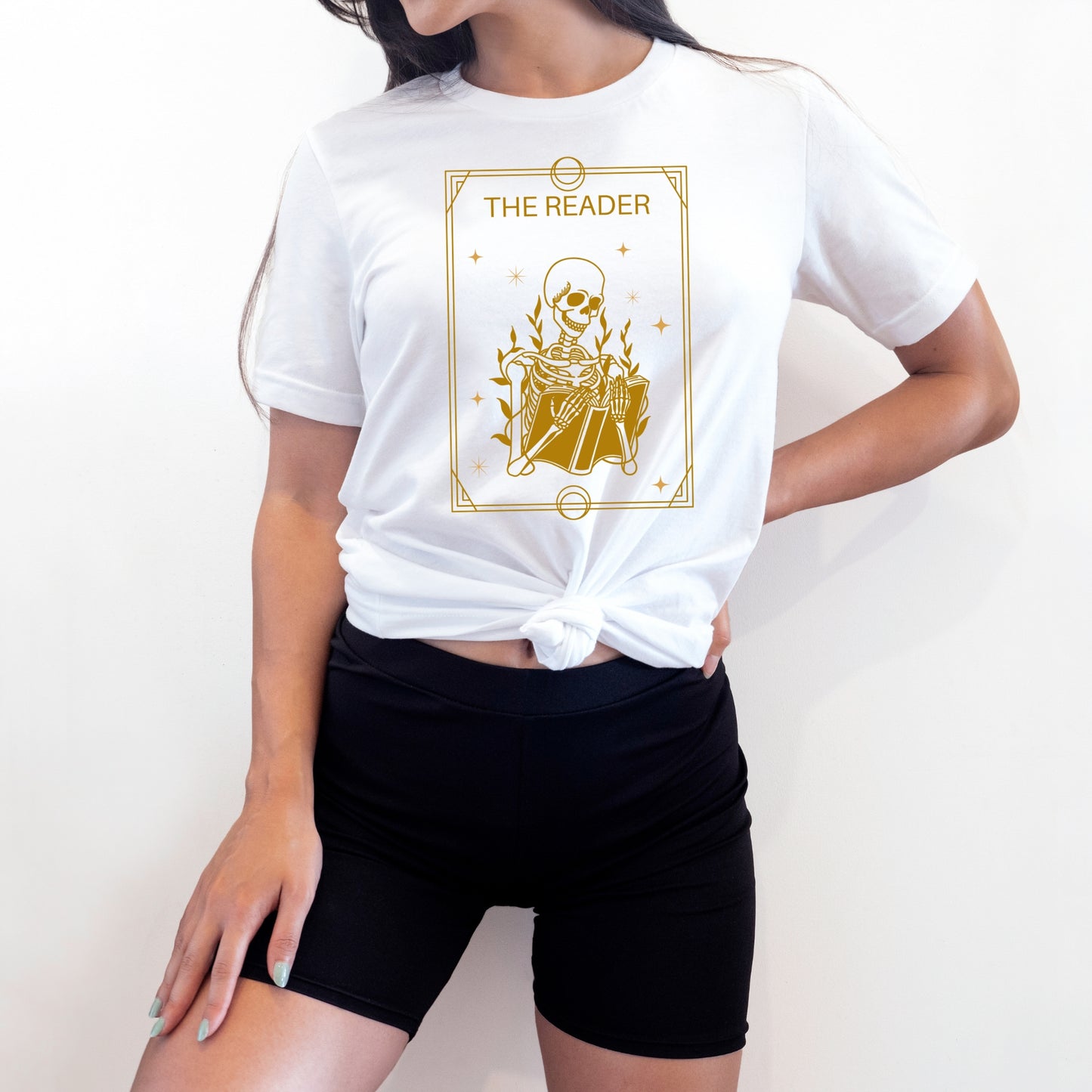 The Reader Tarot Card White Shirt model Ink and Stories