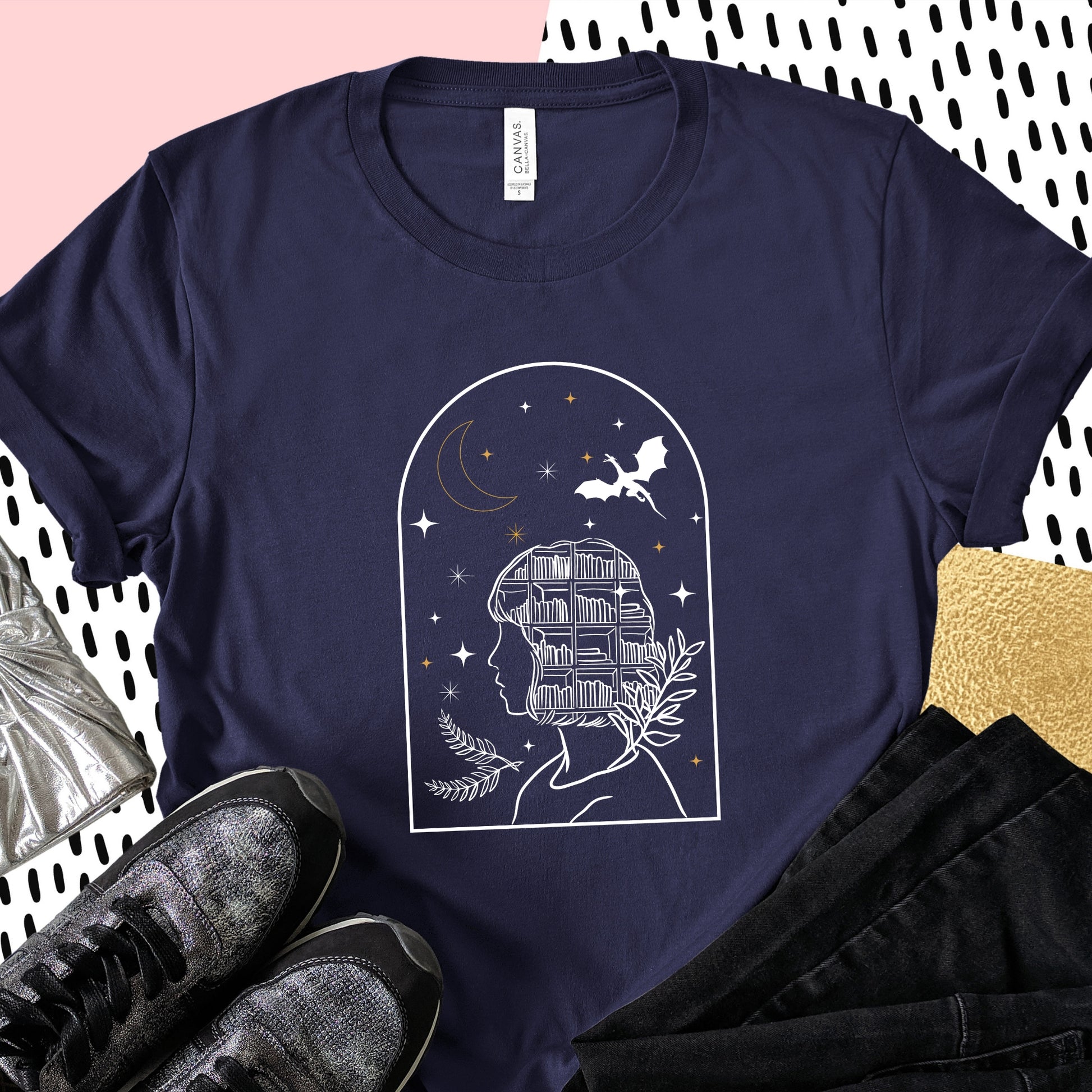 Bookish Fantasy Girl Navy Shirt Ink and Stories