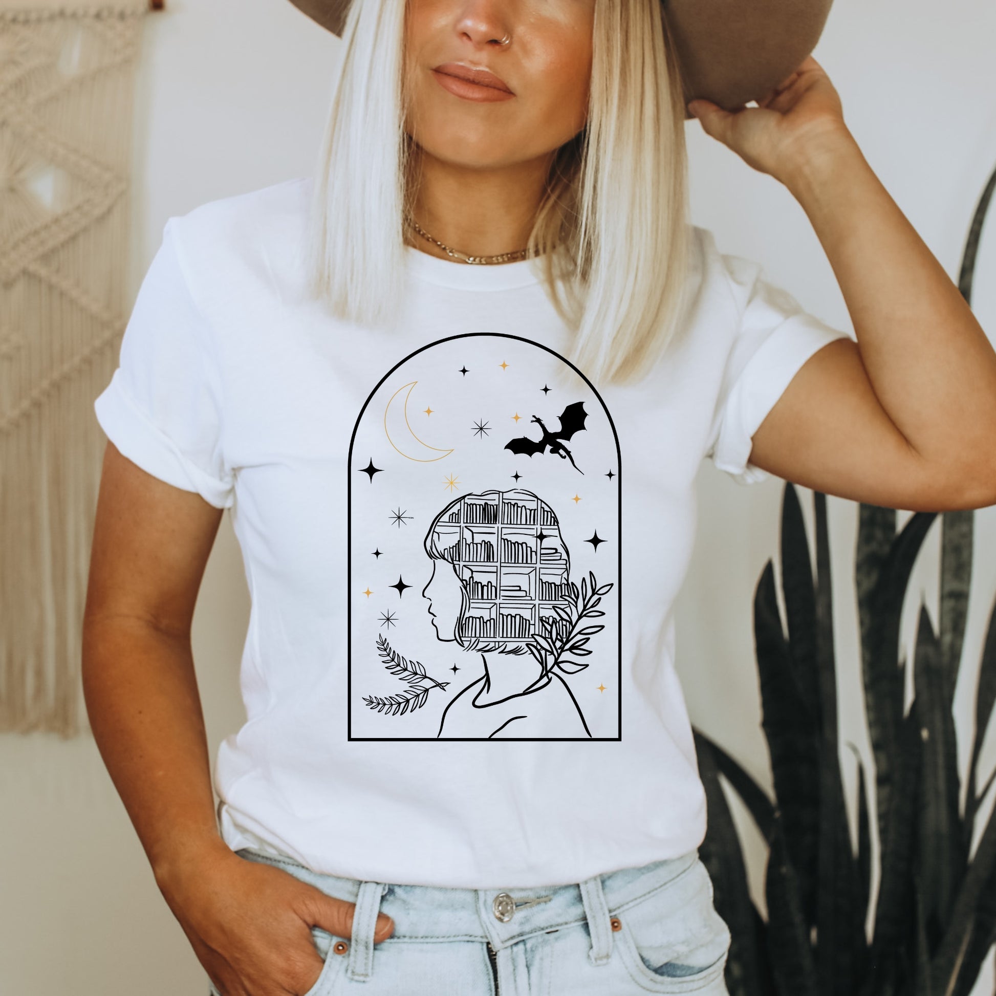 Bookish Fantasy Girl White Shirt Ink and Stories