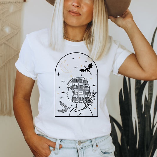 Bookish Fantasy Girl White Shirt Ink and Stories