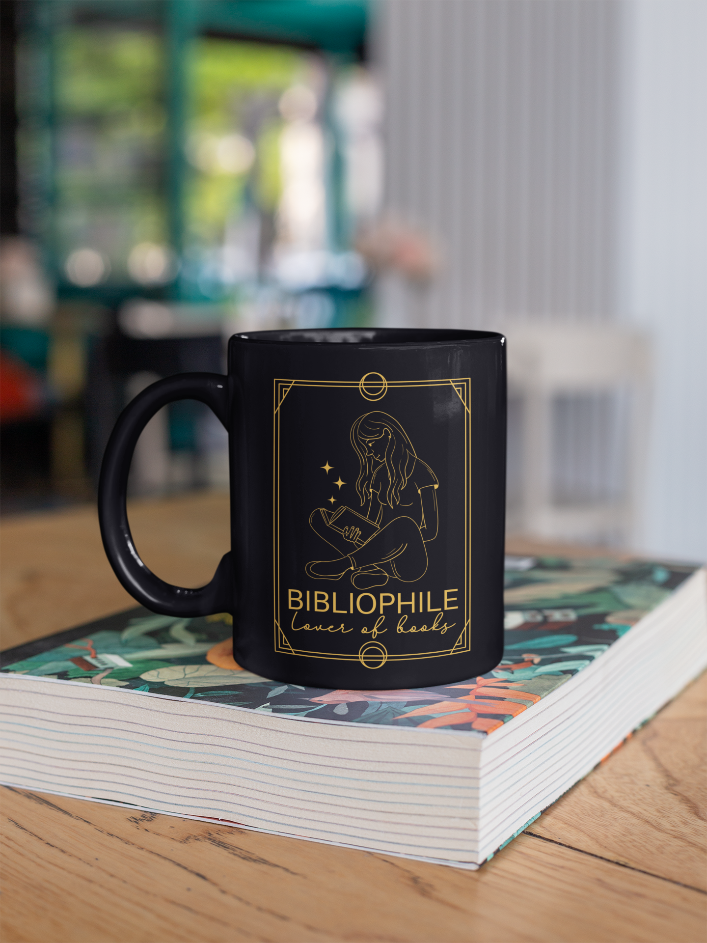 Bibliophile Tarot Card Bookish Black Mug mockup of mug on book stack | Booklover Gift