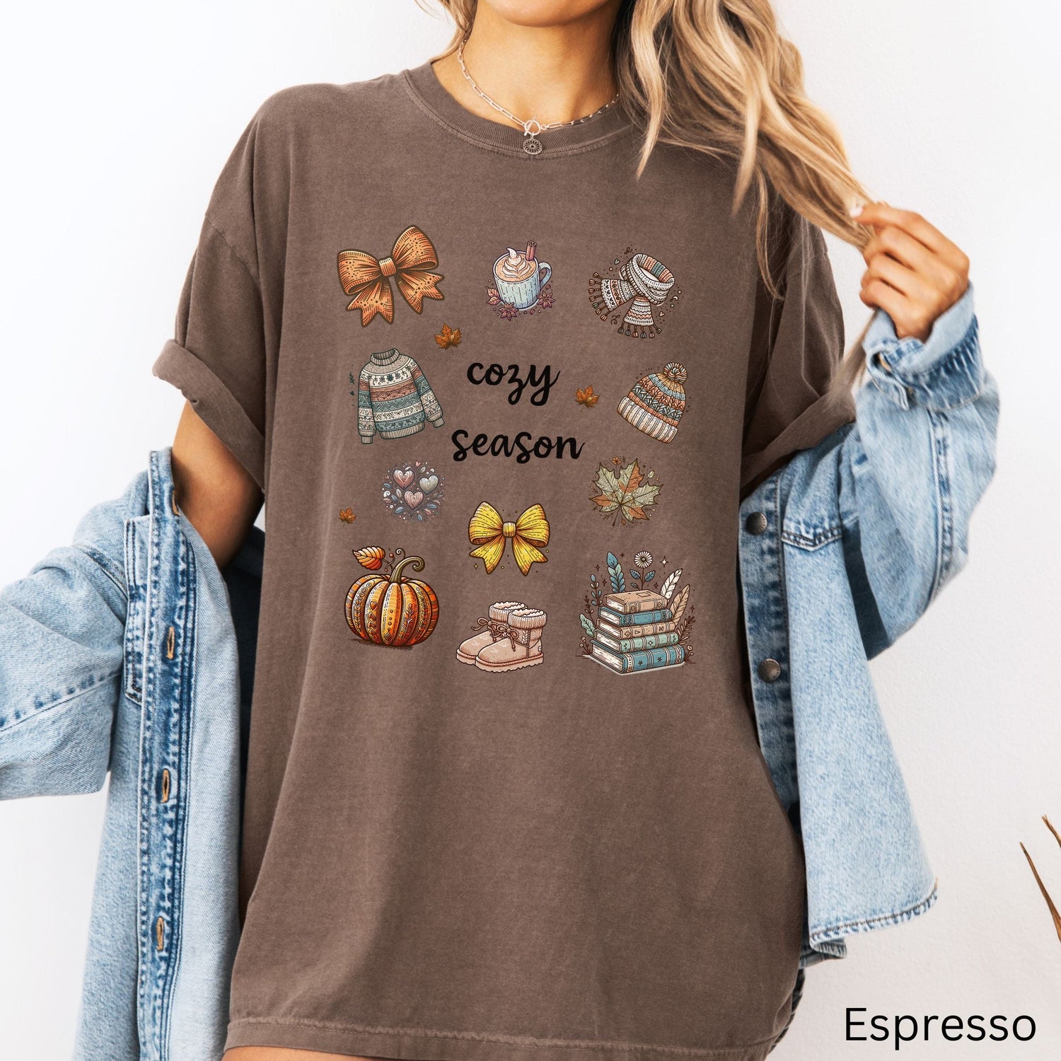 Cozy bookish Fall Season design on a brown espresso Comfort Colors Tshirt. Design features books, beanie, slippers, sweater, pumpkin spice latte.