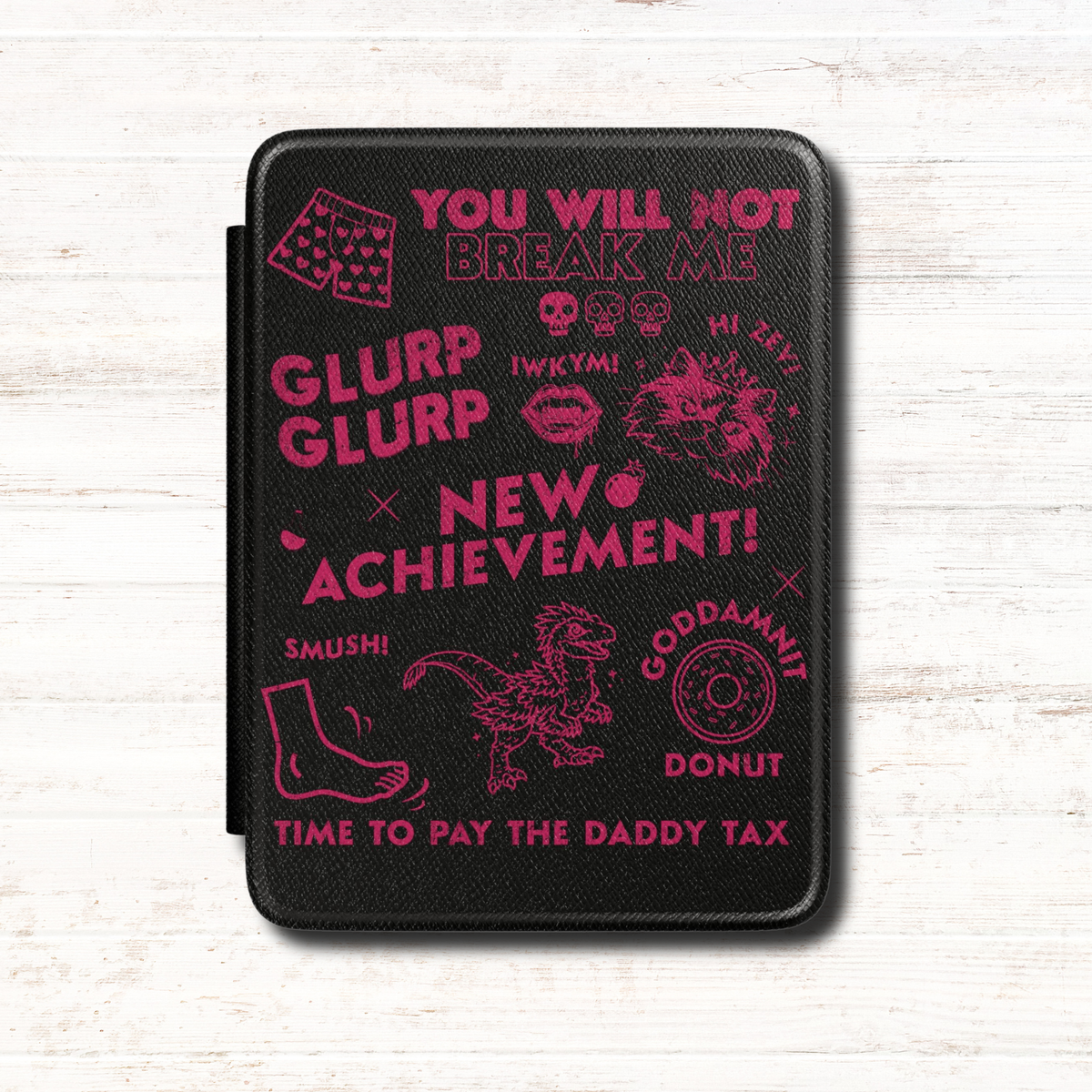 Black Kindle Case with Pink Dungeon Crawler Carl quotes and imagery including Princess donut.