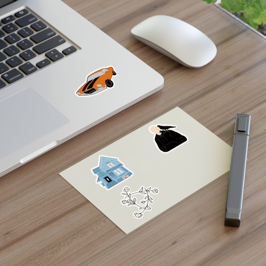 A collection of Raven Cycle stickers, including a ley line, Ronan Lynch