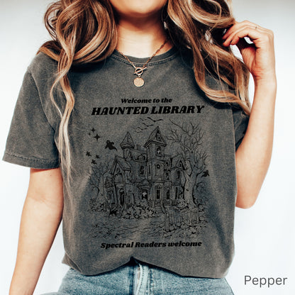 Haunted Library Comfort Colors Pepper colour TShirt | Starlit Prose bookish merch