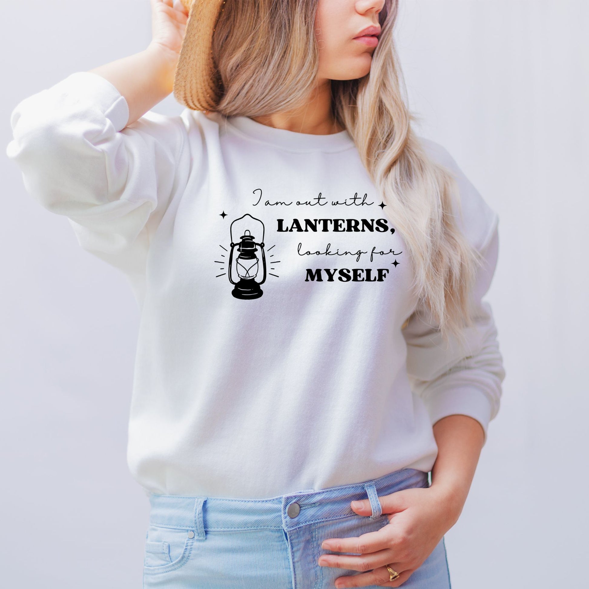 I'm out with Lanterns White Sweatshirt | Emily Dickinson Poetry | Starlit Prose bookish merch