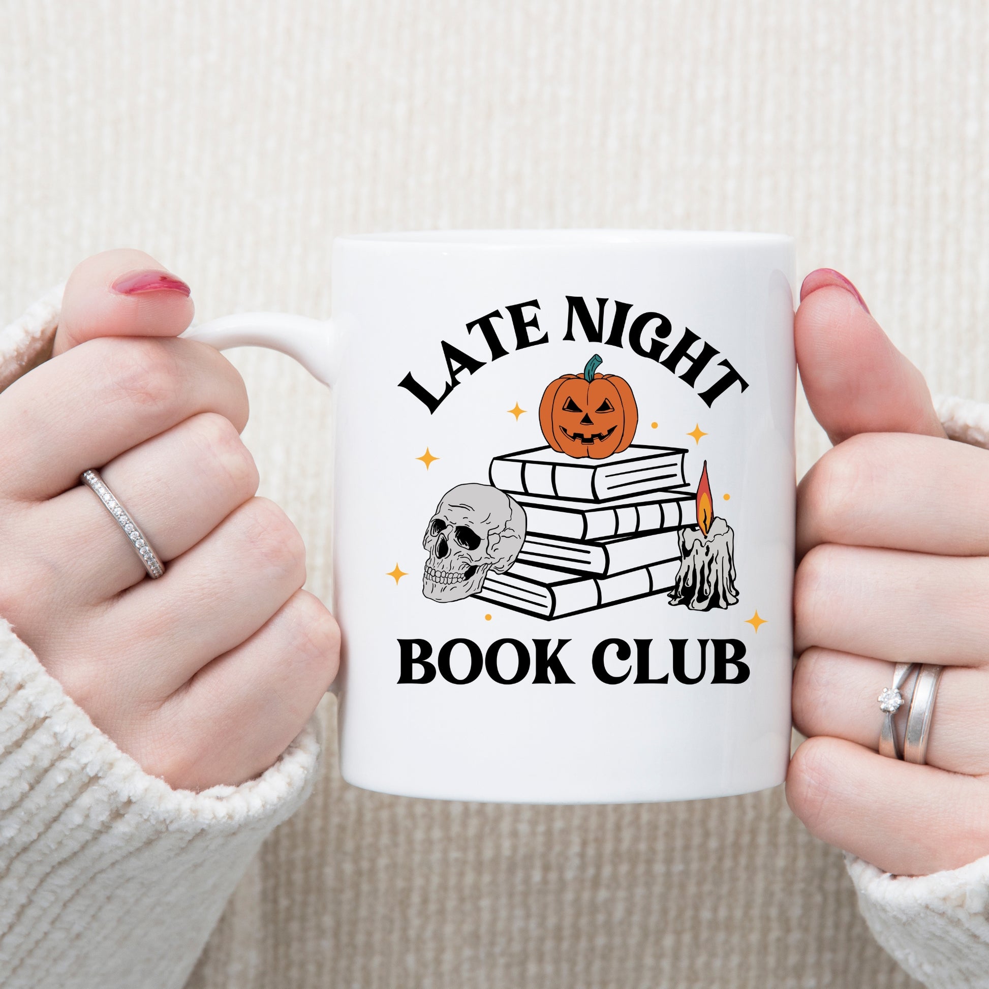 Two hands holding Late Night Book Club Mug | Bookish Halloween | Ink & Stories