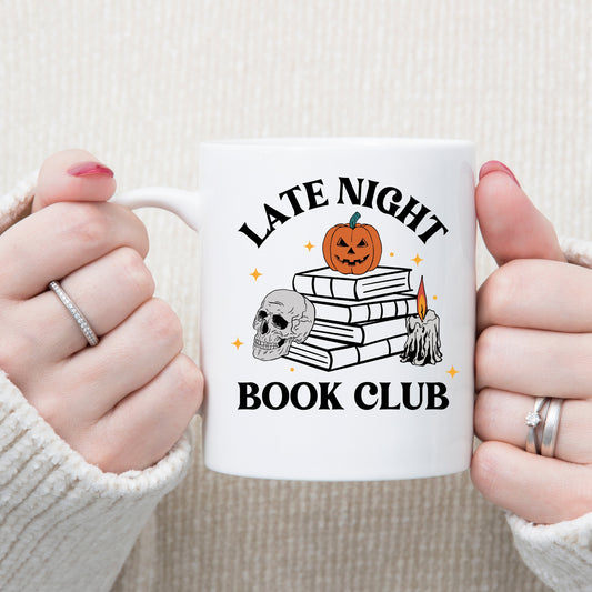 Two hands holding Late Night Book Club Mug | Bookish Halloween | Ink & Stories