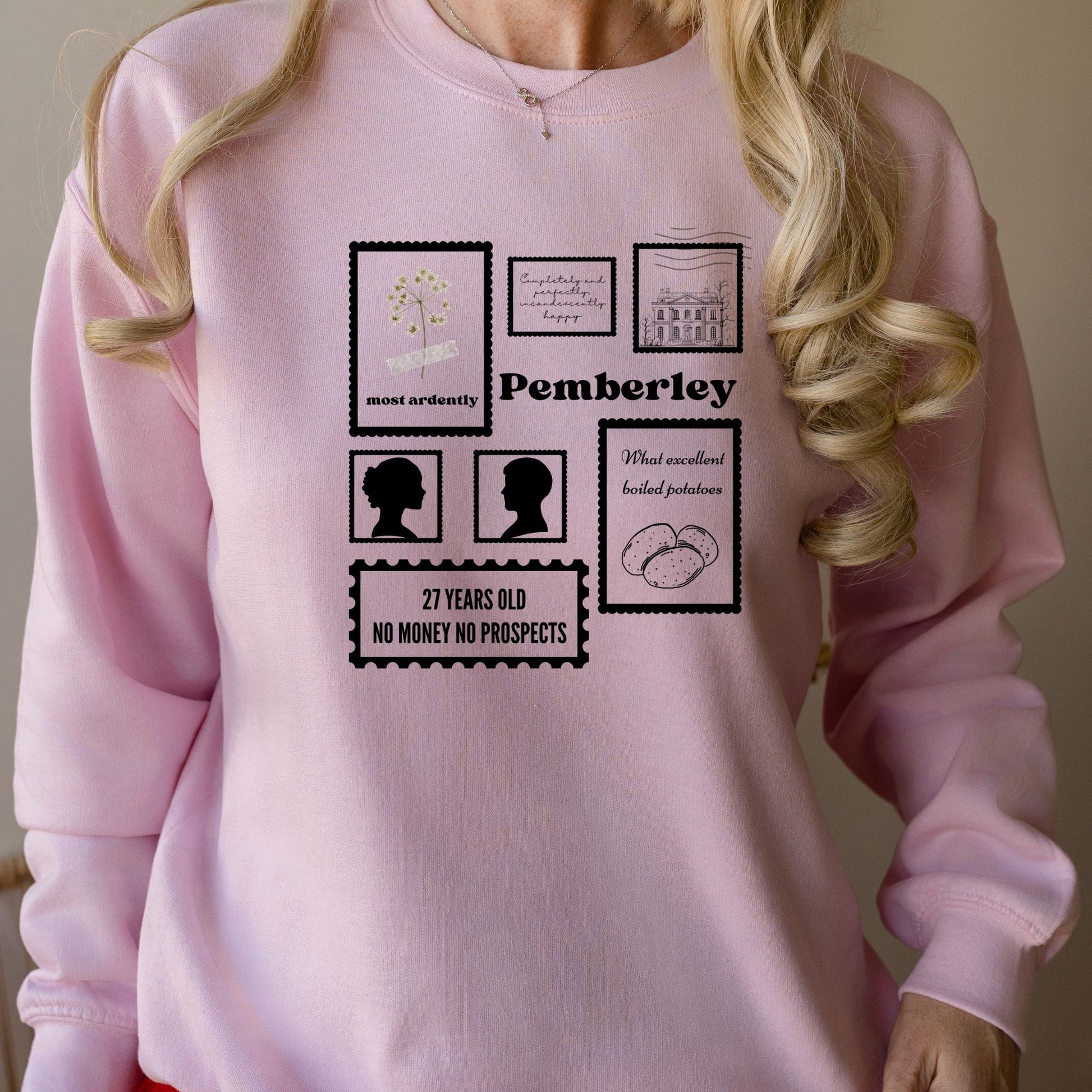 Pride and Prejudice Stamp Collection Pink Sweatshirt | Jane Austen | Starlit Prose bookish merch