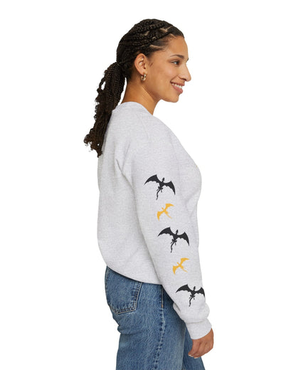 Dragon Rider Ash Sweatshirt with gold and black small dragons on the sleeves| Fantasy Bookish Merch | Ink and Stories