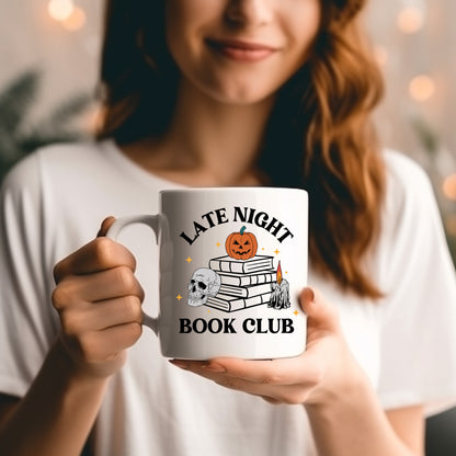 A Woman holding Late Night Book Club Mug | Bookish Halloween | Ink & Stories