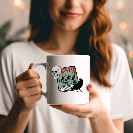 Woman holding the Horror Book Club Mug | Bookish Halloween | Ink & Stories 