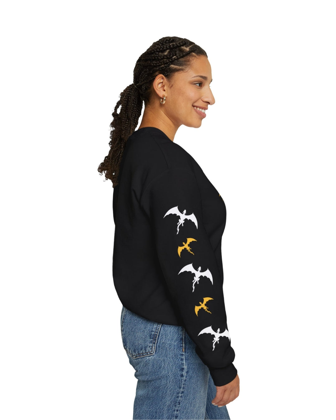 Dragon Rider Black Sweatshirt with small gold and white dragons on the sleeves | Fantasy Bookish Merch | Ink and Stories