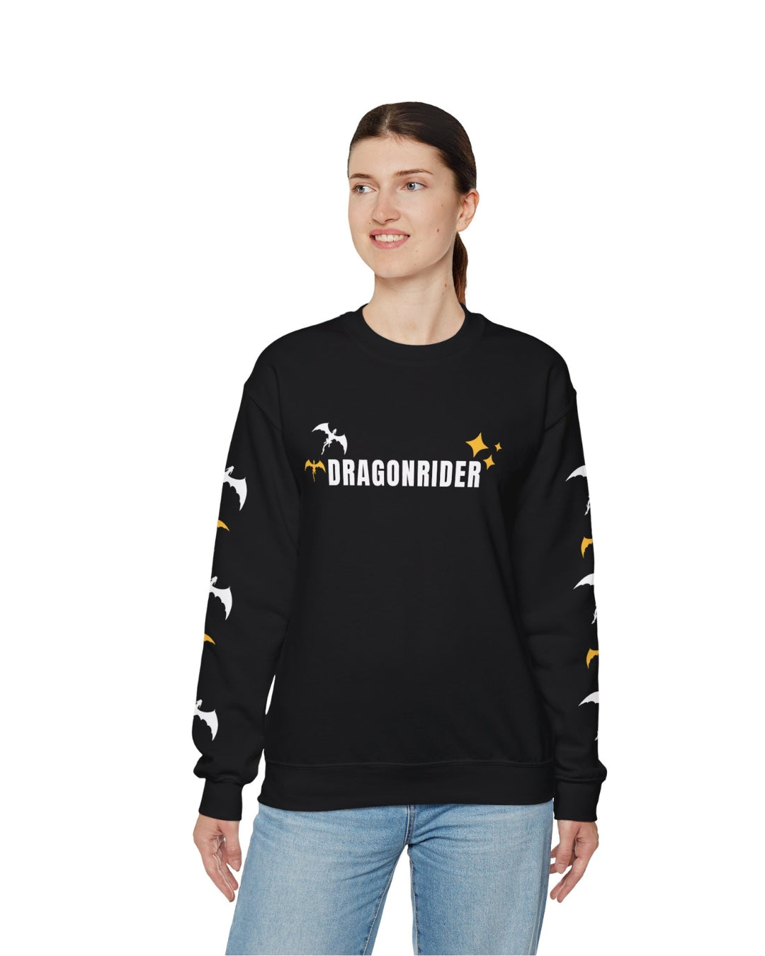 Woman wearing Dragon Rider Black Sweatshirt | Fantasy Bookish Merch | Ink and Stories