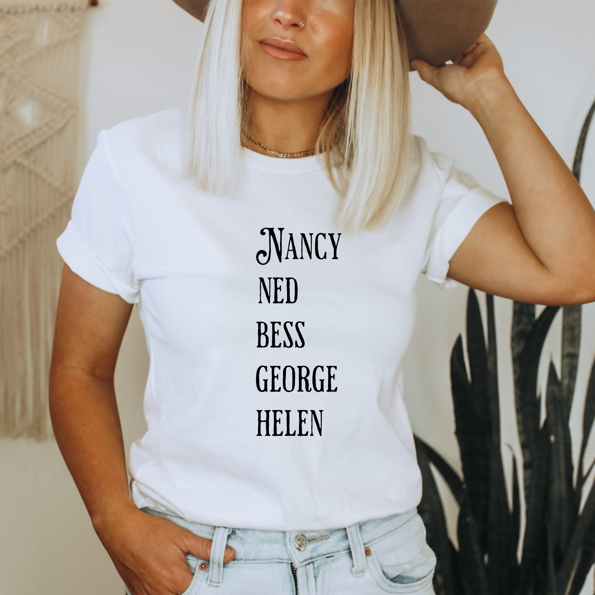 white shirt with the names of The Clue Crew