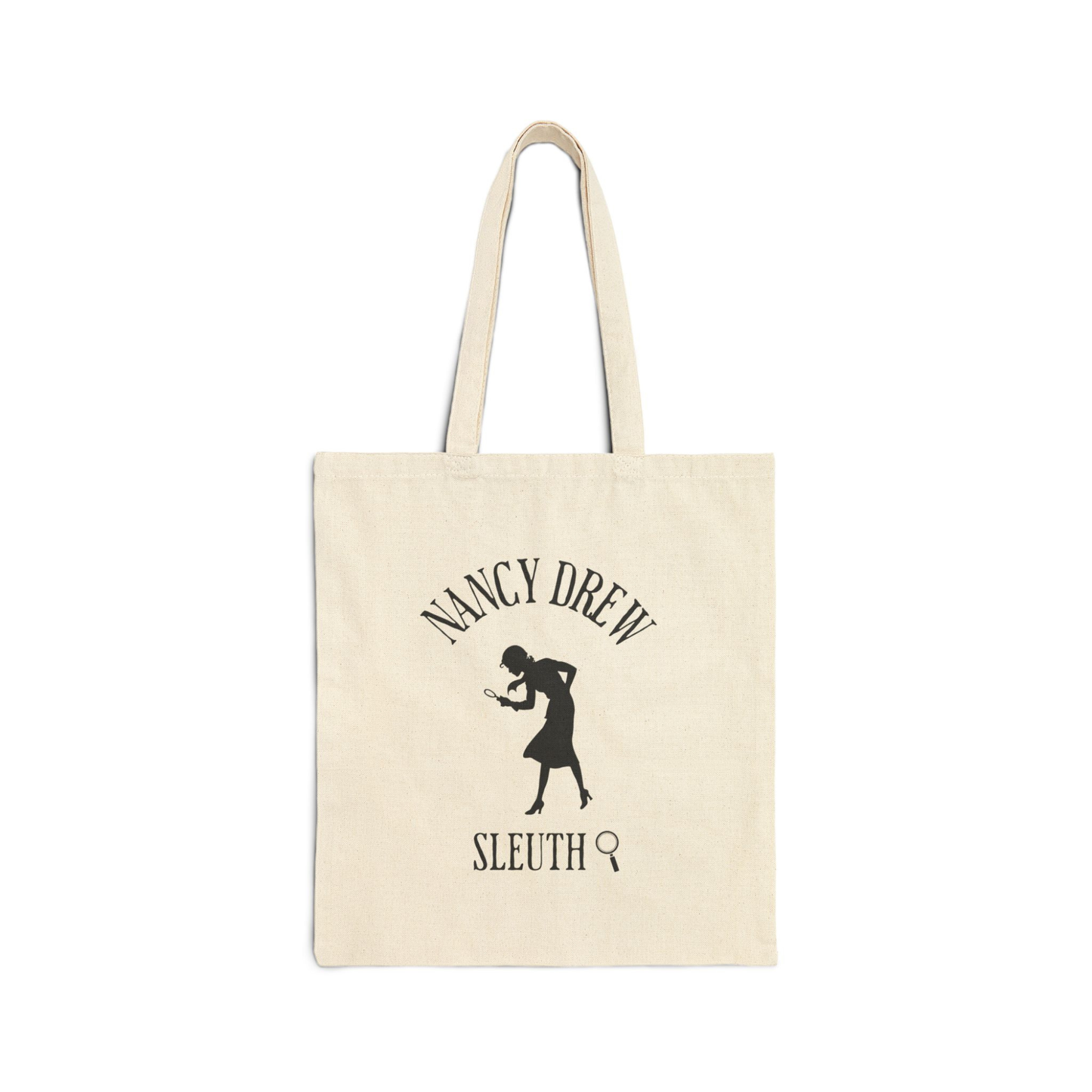 Beige tote bag with Nancy Drew silhouette and text on a white background