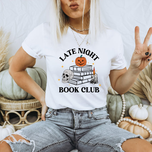 Late Night Book Club White T-Shirt Bookish Halloween Ink & Stories