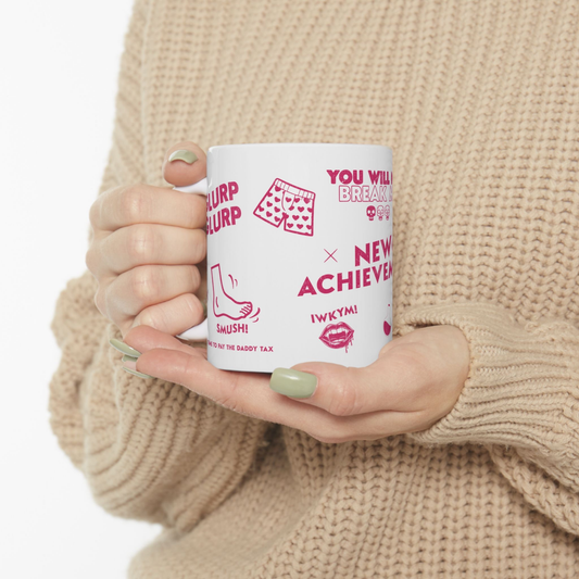 Person holding a white Dungeon Crawler Carl Mug with pink text and graphics of quotes from DCC | Starlit Prose Bookish Merch Australia