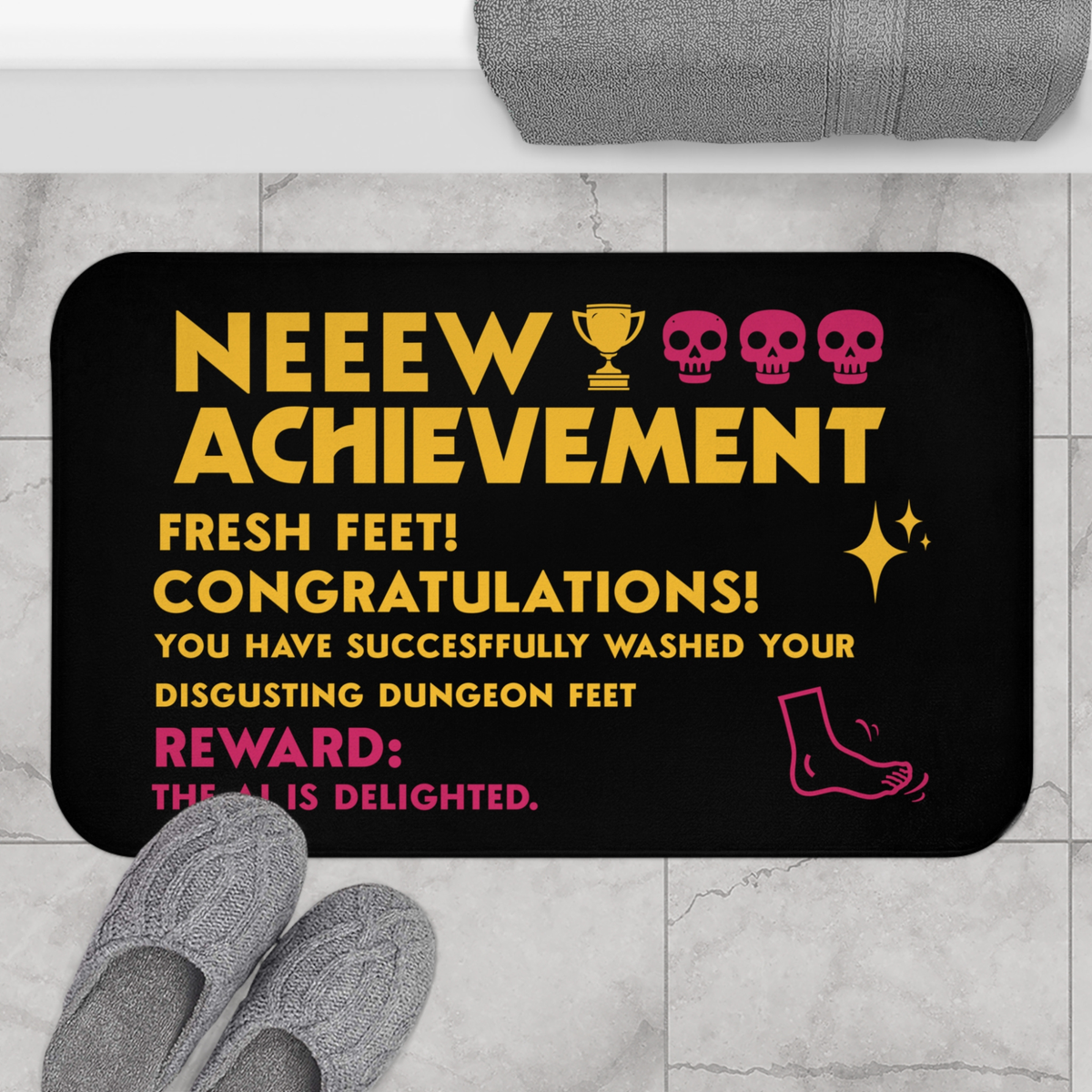 Bookish Dungeon Crawler Carl Bath mat, featuring bold yellow text that says "NEW ACHIEVEMENT, fresh feet! congratulations you have successfully washed your disgusting dungeon feet. Reward: The AI is delighted. with illustration of foot, stars & skulls. Made from soft memory foam microfiber with an anti-slip backing. Designed by Starlit Prose Bookish Merch Australia.