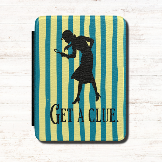 A kindle case featuring a vintage-style  Nancy Drew design with vertical blue and pale yellow stripes, a black silhouette of a Nancy Drew holding a magnifying glass, and the text 'GET A CLUE.' Designed by Starlit Prose Bookish Merch Australia.