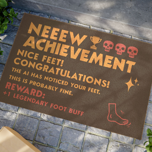 Black Coir Door Mat, Dungeon Crawler Carl, text says "New Achievement Nice Feet! Congratulations, the AI has noticed your feet, this is probably fine. Reward +1 legendary foot buff. Includes illustration of foot, stars & skulls. Designed by Starlit Prose Bookish Merch Australia.