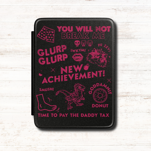 Black Kindle Case with Pink Dungeon Crawler Carl quotes and imagery including Princess donut.